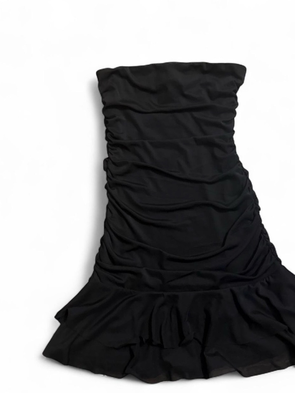 Just Polly Black Strapless Ruched Ruffle Mini Dress S NWT